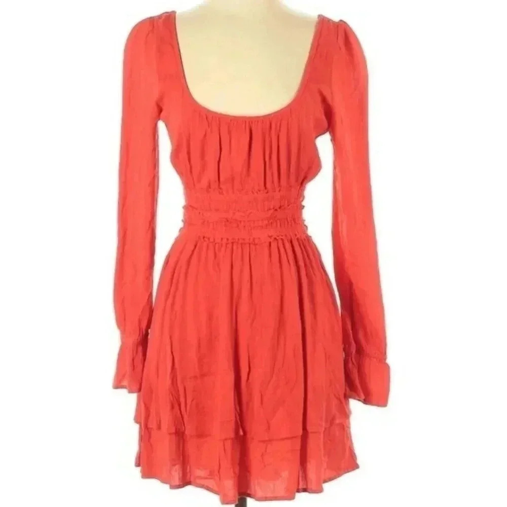 Backless FREE PEOPLE Red Dress Scoopneck Cutout Gathered Boho Flava Grecian Tie